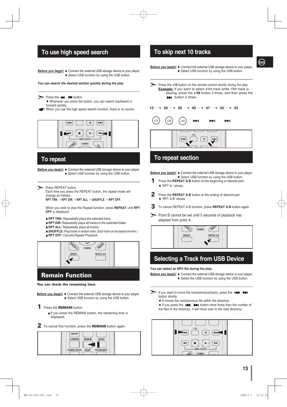 To use high speed search, To repeat, Remain function | To skip next 10 tracks, To repeat section, Selecting a track from usb device, 12 remain function | Samsung MM-G35 User Manual | Page 13 / 26