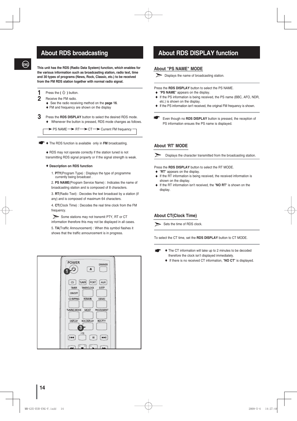 About rds broadcasting, About rds display function, About rds display function 1 2 3 | Samsung MM-G35 User Manual | Page 14 / 26