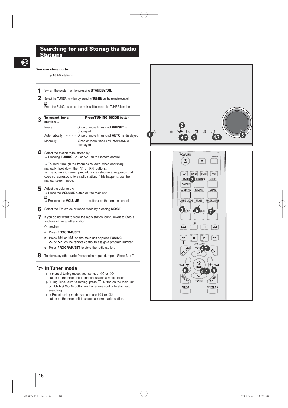 Searching for and storing the radiostations, Searching for and storing the radio stations | Samsung MM-G35 User Manual | Page 16 / 26