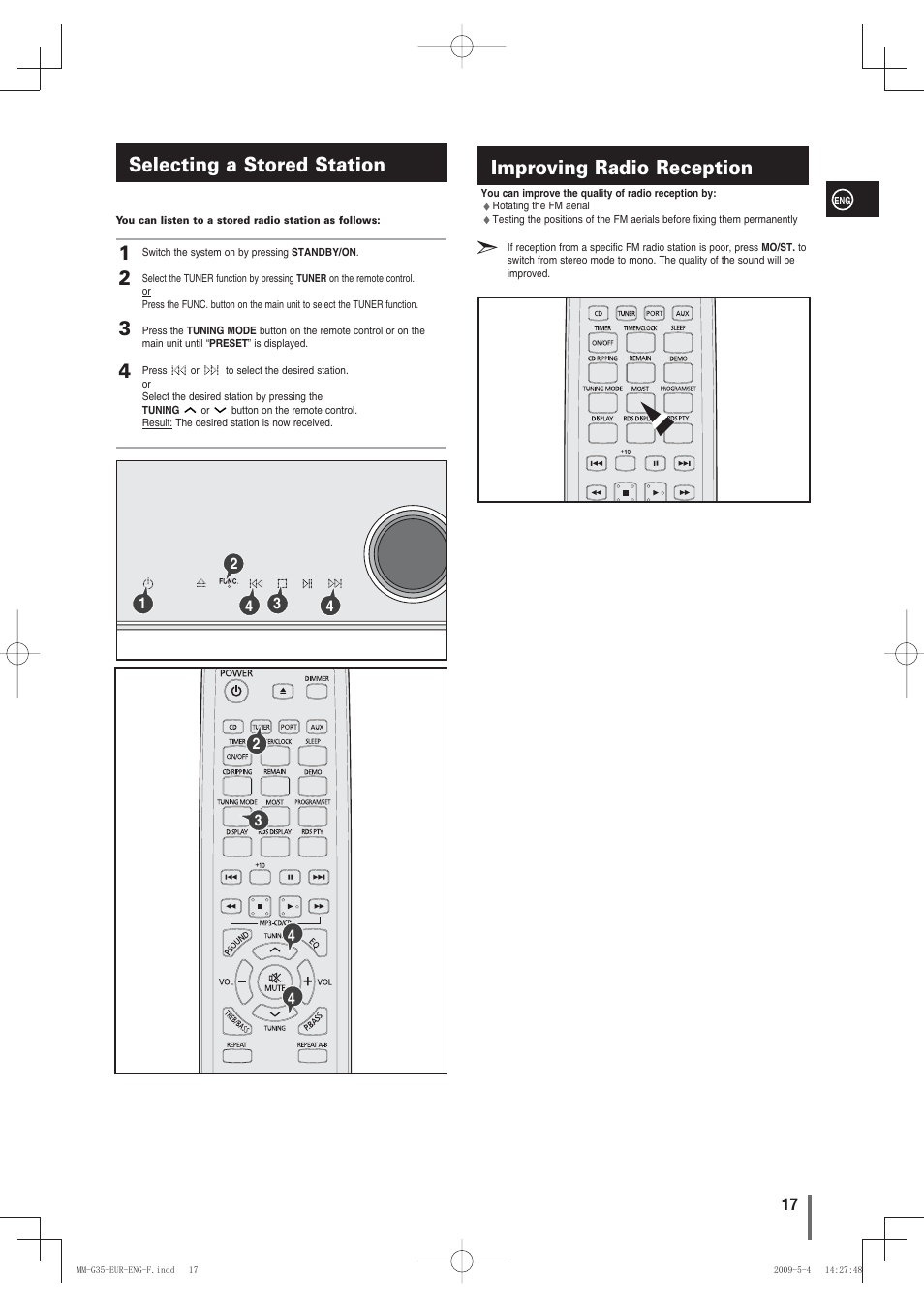 Selecting a stored station, Improving radio reception, Selecting a stored station 1 2 3 4 | Samsung MM-G35 User Manual | Page 17 / 26