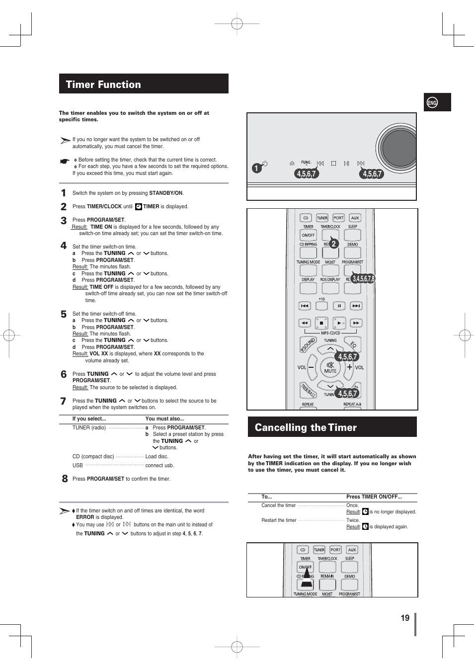 Timer function, Cancelling the timer | Samsung MM-G35 User Manual | Page 19 / 26