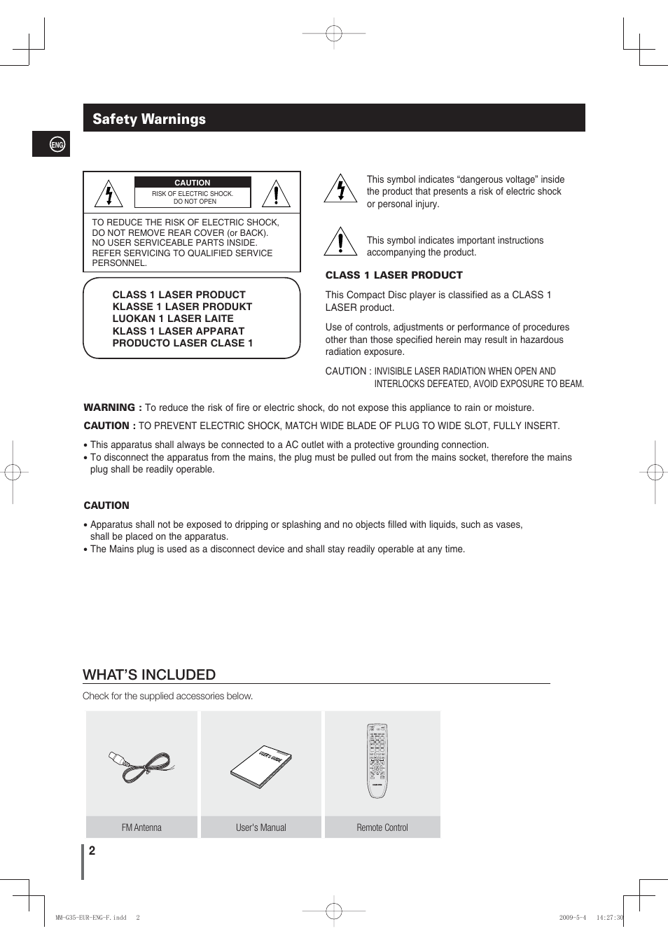 Safety warnings, What’s included | Samsung MM-G35 User Manual | Page 2 / 26