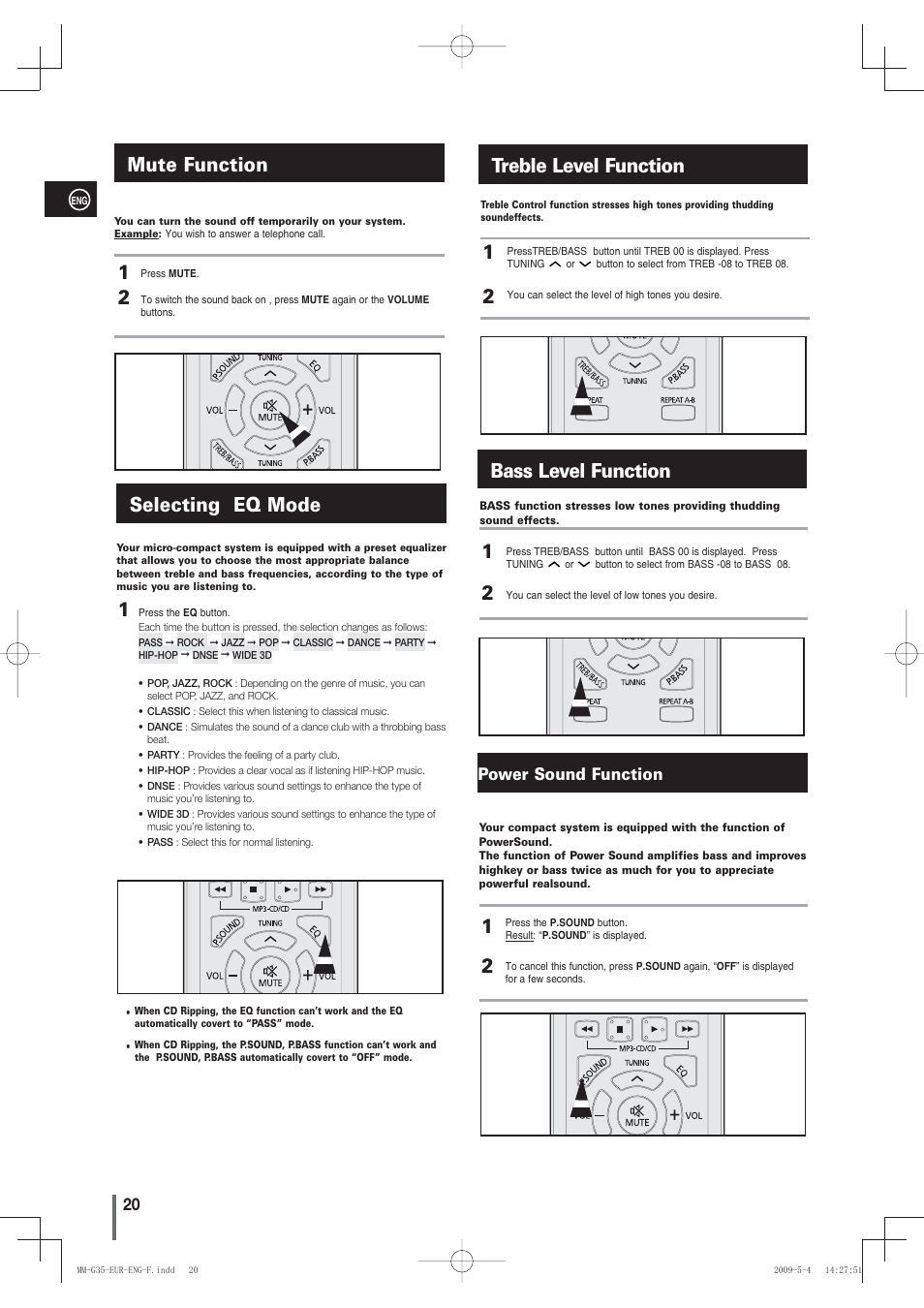 Mute function, Selecting eq mode, Treble level function | Bass level function, Power sound function, Mute function 2 1, Selecting eq mode 1 | Samsung MM-G35 User Manual | Page 20 / 26