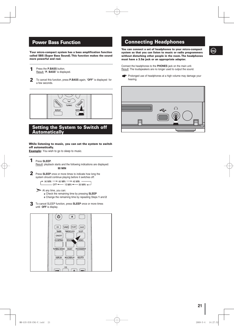 Power bass function, Setting the system to switch offautomatically, Connecting headphones | Setting the system to switch off automatically | Samsung MM-G35 User Manual | Page 21 / 26