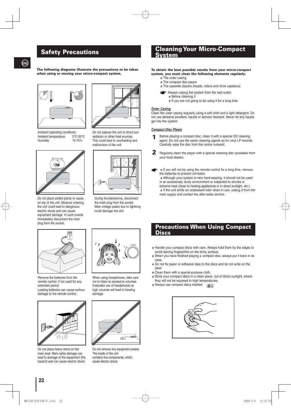 Safety precautions, Cleaning your micro-compactsystem, Precautions when using compactdiscs | Cleaning your micro-compact system 1 2, Precautions when using compact discs | Samsung MM-G35 User Manual | Page 22 / 26