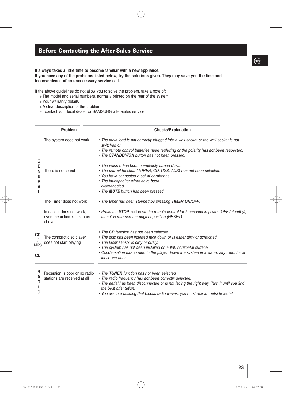 Before contacting the after-sales service | Samsung MM-G35 User Manual | Page 23 / 26