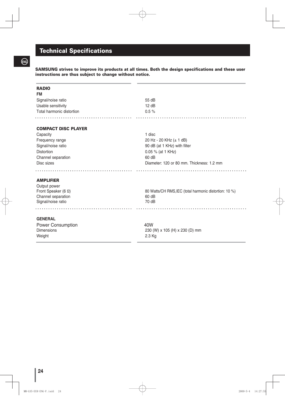 Technical specifications | Samsung MM-G35 User Manual | Page 24 / 26