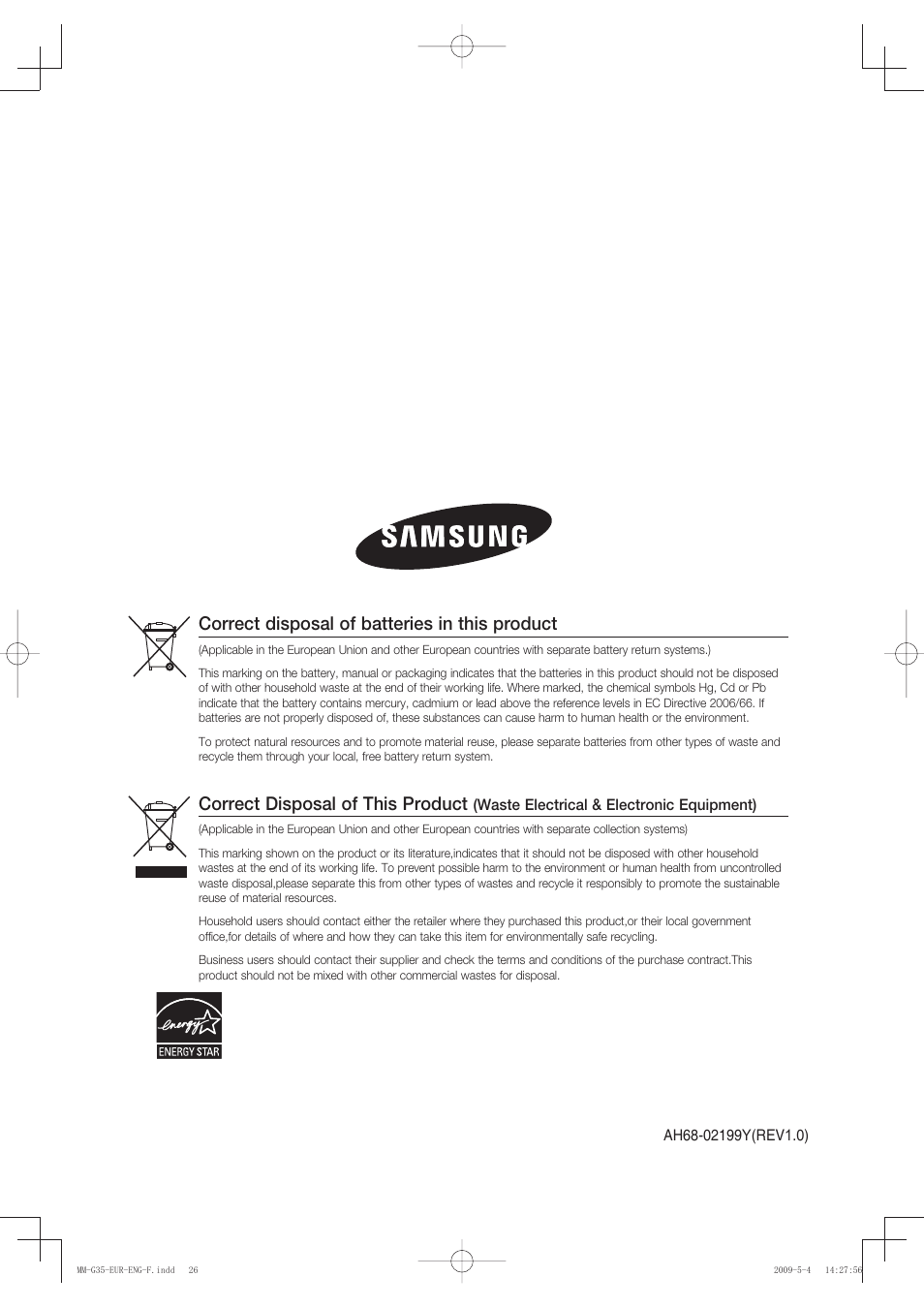 Correct disposal of this product, Correct disposal of batteries in this product | Samsung MM-G35 User Manual | Page 26 / 26