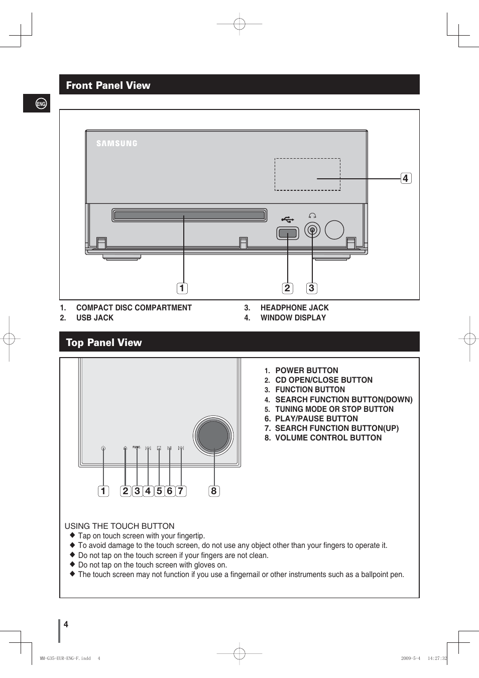 Front panel view, Top panel view, Front panel view top panel view | Samsung MM-G35 User Manual | Page 4 / 26