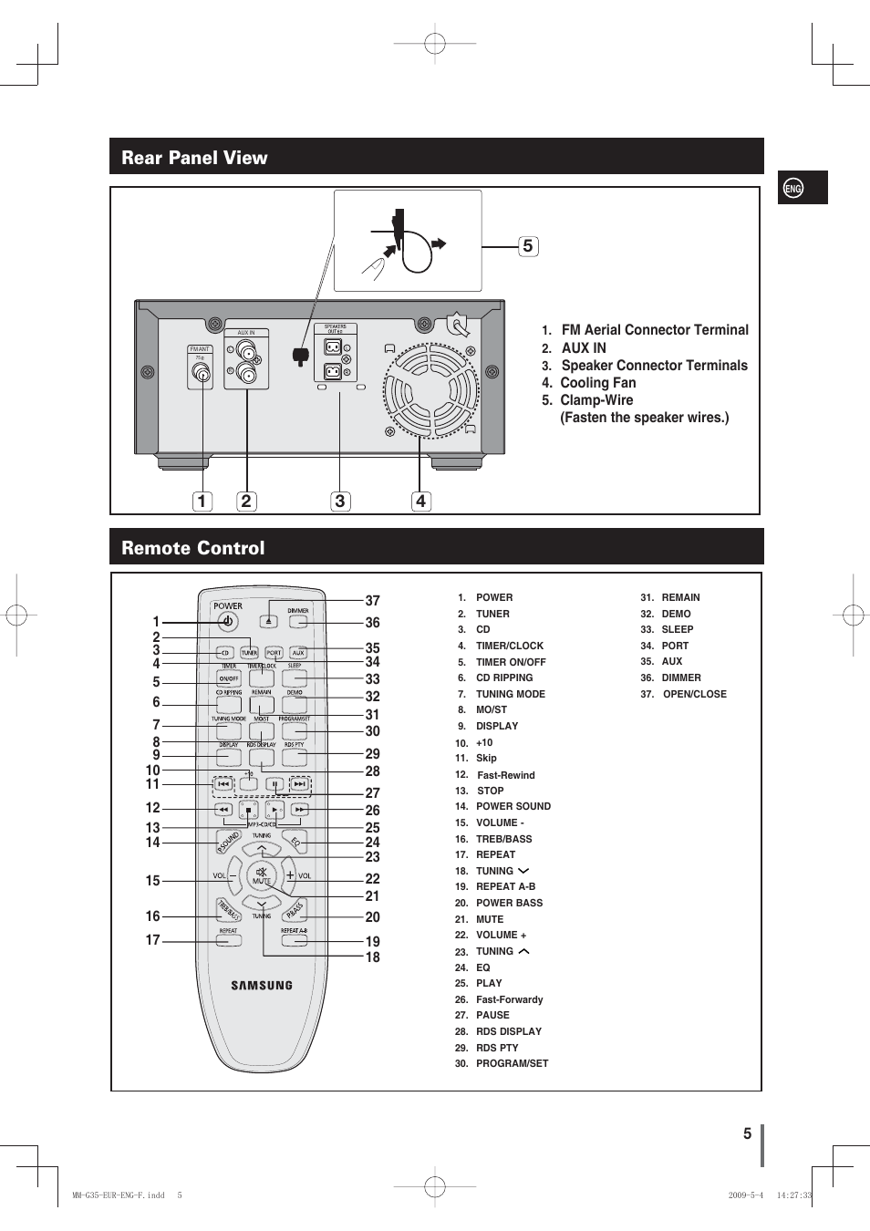 Rear panel view, Remote control, Rear panel view remote control | Samsung MM-G35 User Manual | Page 5 / 26