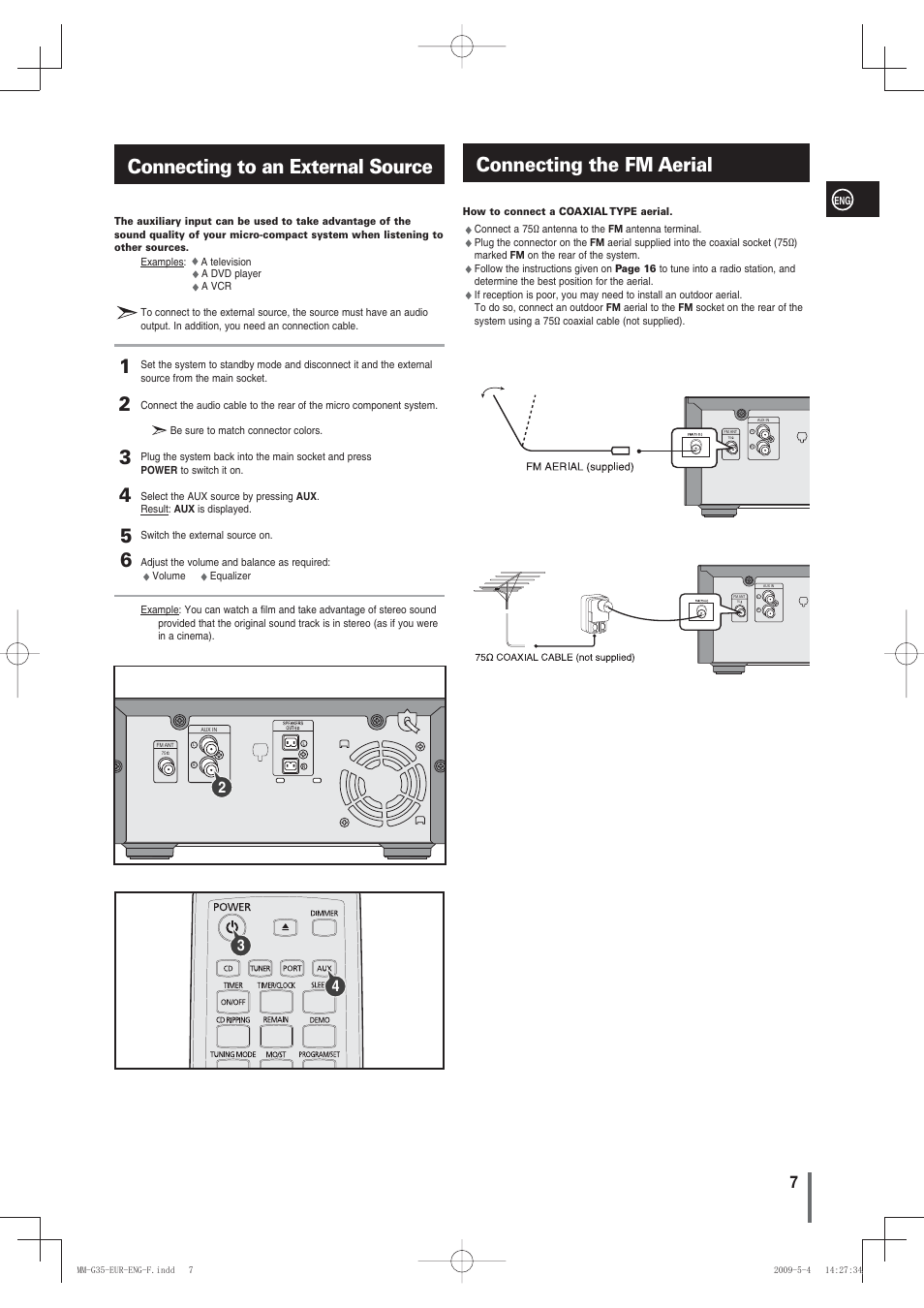 Connecting to an external source, Connecting the fm aerial | Samsung MM-G35 User Manual | Page 7 / 26