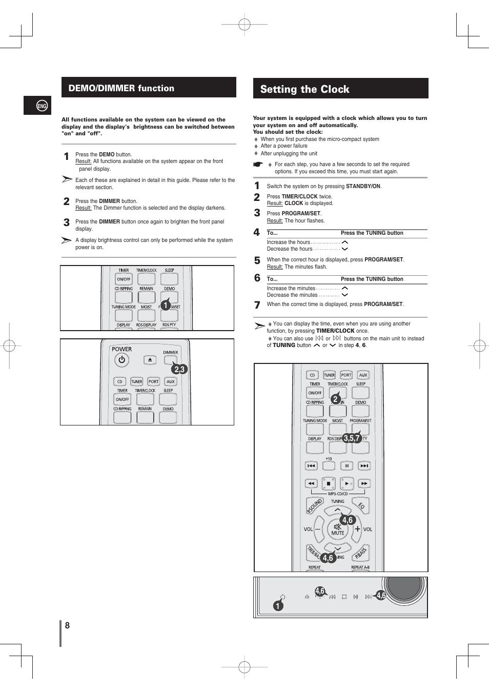 Demo/dimmer function, Setting the clock | Samsung MM-G35 User Manual | Page 8 / 26