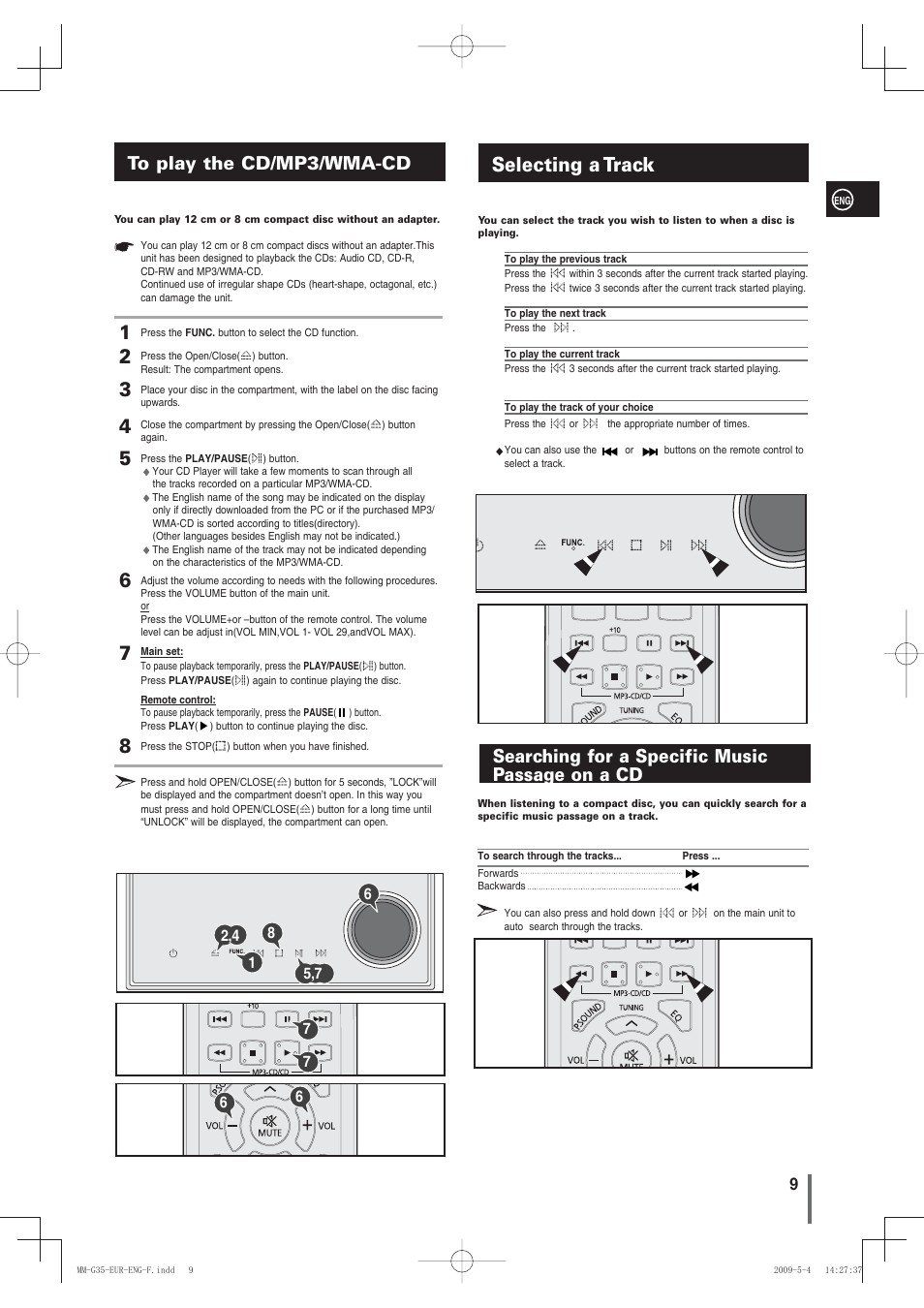 To play the cd/mp3/wma-cd, Selecting a track, Searching for a specific musicpassage on a cd | Searching for a specific music passage on a cd | Samsung MM-G35 User Manual | Page 9 / 26