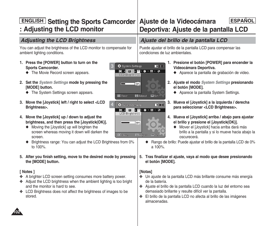 Adjusting the lcd brightness, Ajuste del brillo de la pantalla lcd, English español english | Samsung SC-X205L User Manual | Page 102 / 144