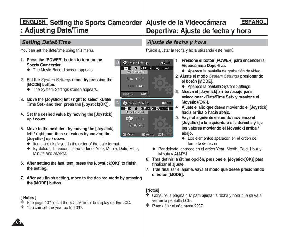 Setting the sports camcorder : adjusting date/time, Setting date&time, Ajuste de fecha y hora | English español english | Samsung SC-X205L User Manual | Page 104 / 144