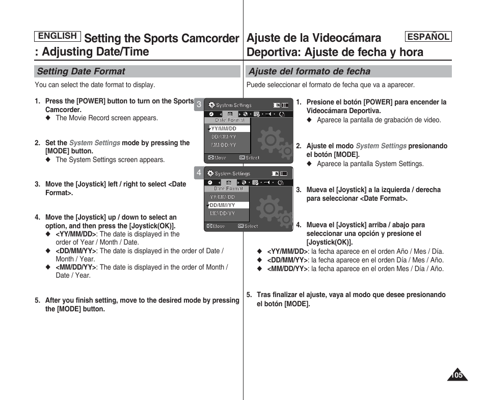 Setting the sports camcorder : adjusting date/time, Setting date format, Ajuste del formato de fecha | English español | Samsung SC-X205L User Manual | Page 105 / 144