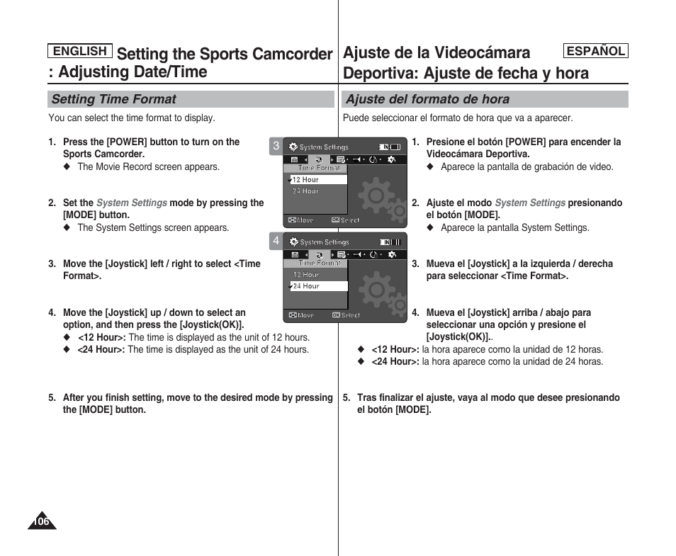 Setting the sports camcorder : adjusting date/time, Setting time format, Ajuste del formato de hora | English español english | Samsung SC-X205L User Manual | Page 106 / 144