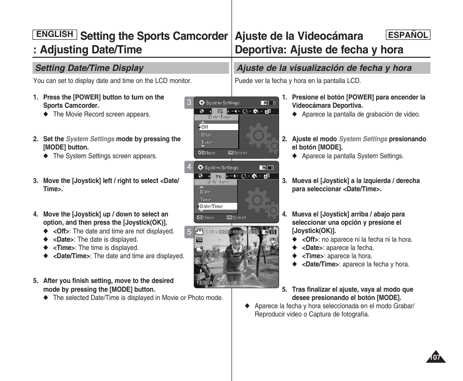 Setting the sports camcorder : adjusting date/time, Setting date/time display, Ajuste de la visualización de fecha y hora | English español | Samsung SC-X205L User Manual | Page 107 / 144