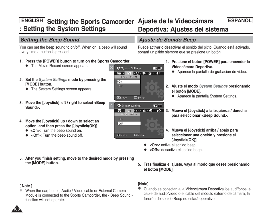 Setting the beep sound, Ajuste de sonido beep, English español english | Samsung SC-X205L User Manual | Page 108 / 144