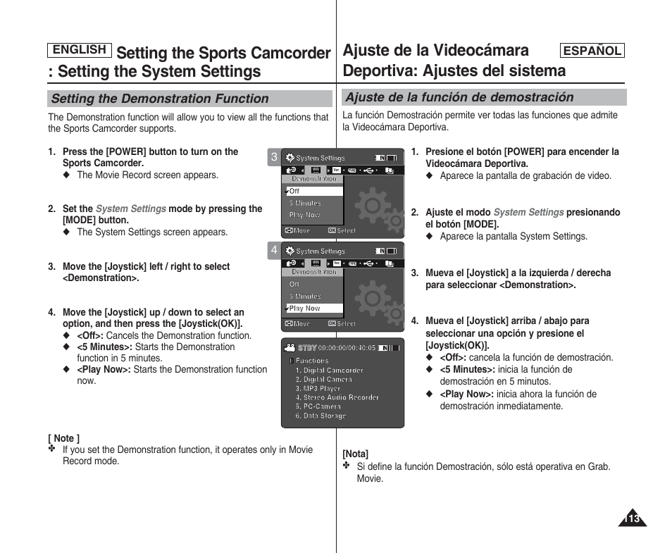 Setting the demonstration function, Ajuste de la función de demostración, English español | Samsung SC-X205L User Manual | Page 113 / 144
