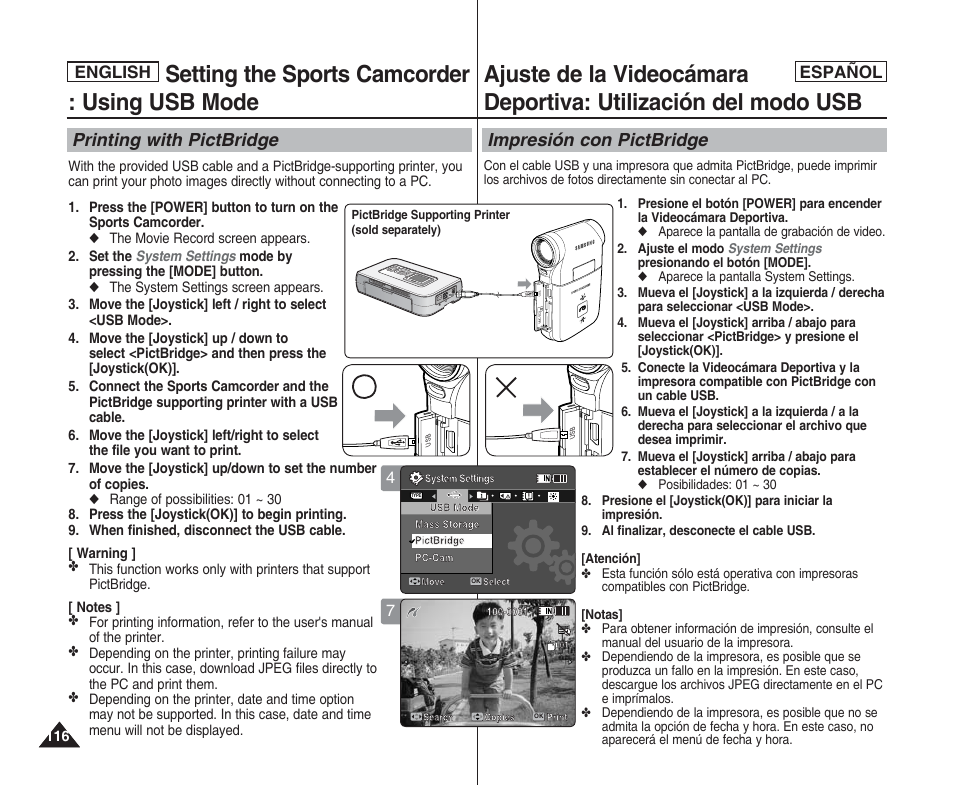 Setting the sports camcorder : using usb mode, Printing with pictbridge, Impresión con pictbridge | English español english | Samsung SC-X205L User Manual | Page 116 / 144