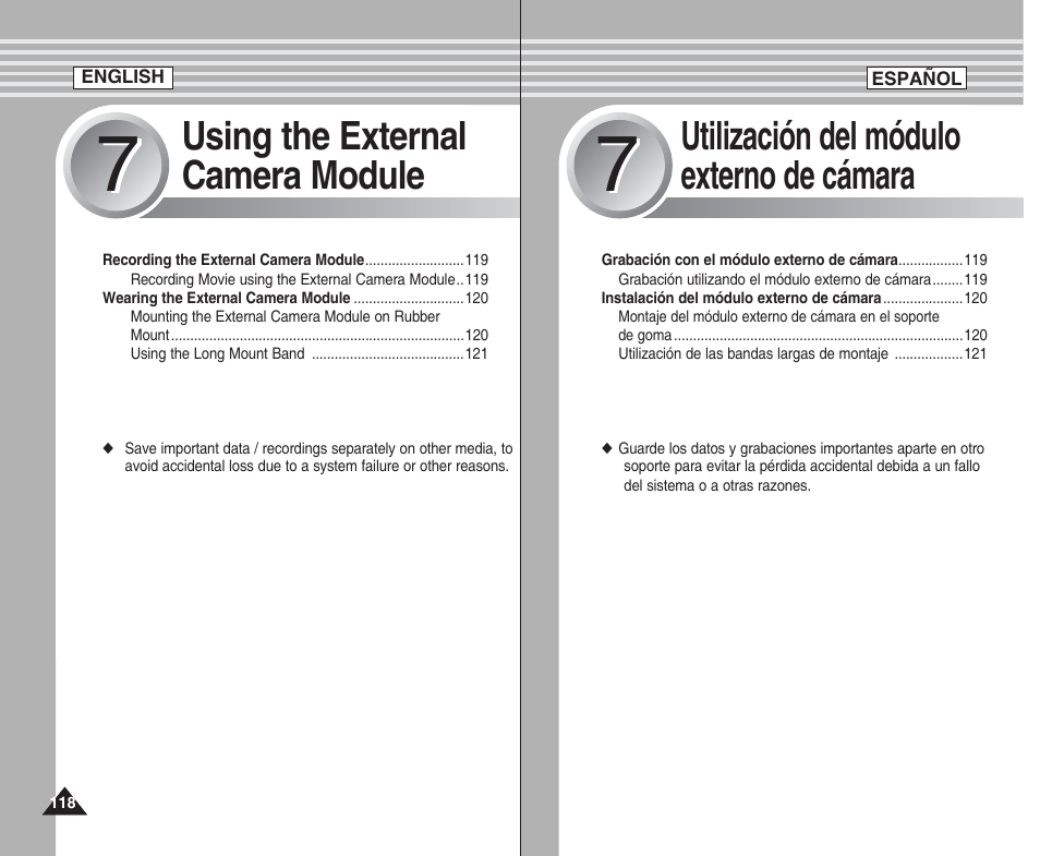 Using the external camera module, Utilización del módulo externo de cámara | Samsung SC-X205L User Manual | Page 118 / 144