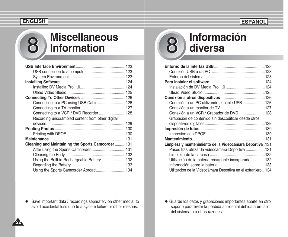 Miscellaneous information, Información diversa | Samsung SC-X205L User Manual | Page 122 / 144