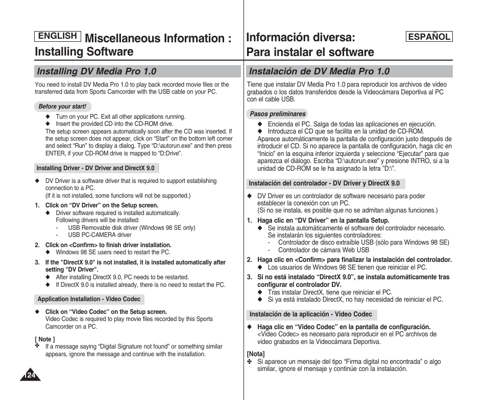 Miscellaneous information : installing software, Información diversa: para instalar el software, Installing dv media pro 1.0 | Instalación de dv media pro 1.0, English español | Samsung SC-X205L User Manual | Page 124 / 144