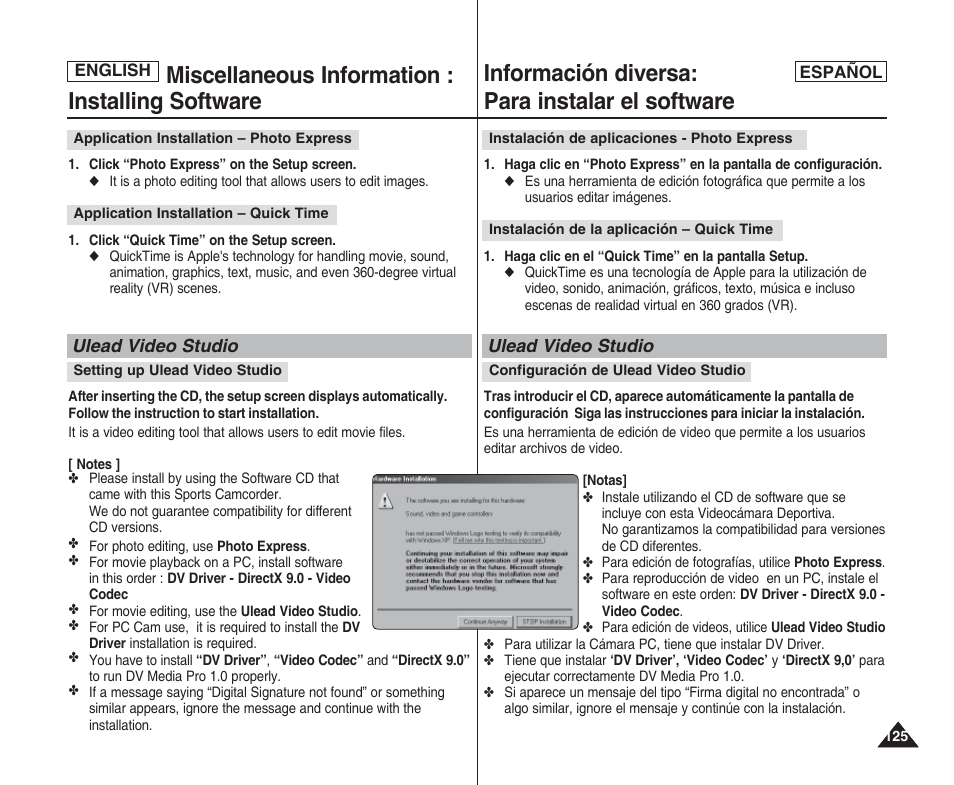 Miscellaneous information : installing software, Información diversa: para instalar el software | Samsung SC-X205L User Manual | Page 125 / 144