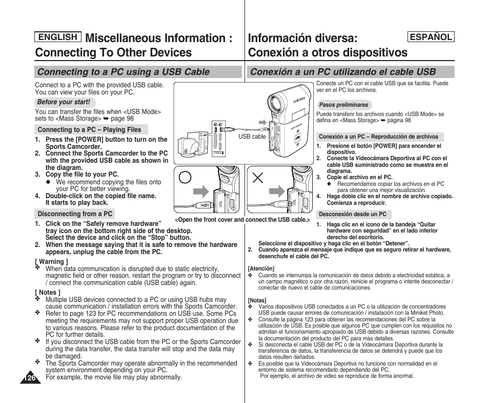 Información diversa: conexión a otros dispositivos, Connecting to a pc using a usb cable, Conexión a un pc utilizando el cable usb | English español, English | Samsung SC-X205L User Manual | Page 126 / 144