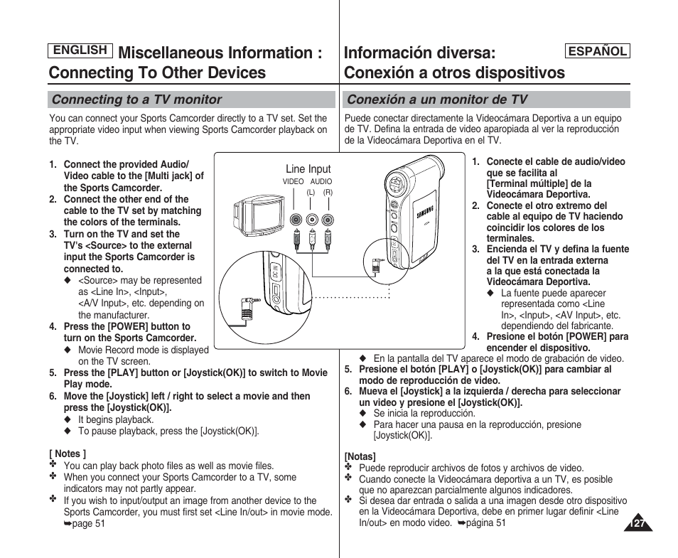 Información diversa: conexión a otros dispositivos, Connecting to a tv monitor, Conexión a un monitor de tv | Samsung SC-X205L User Manual | Page 127 / 144