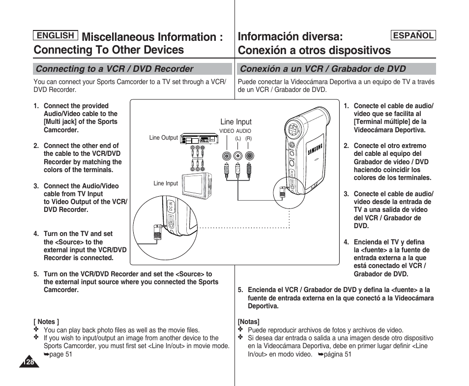 Información diversa: conexión a otros dispositivos, Connecting to a vcr / dvd recorder, Conexión a un vcr / grabador de dvd | Samsung SC-X205L User Manual | Page 128 / 144