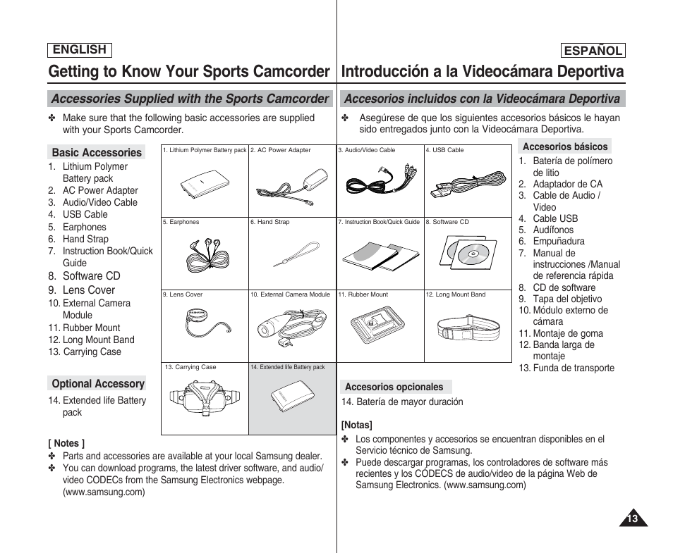 Getting to know your sports camcorder, Introducción a la videocámara deportiva, Accessories supplied with the sports camcorder | Accesorios incluidos con la videocámara deportiva | Samsung SC-X205L User Manual | Page 13 / 144