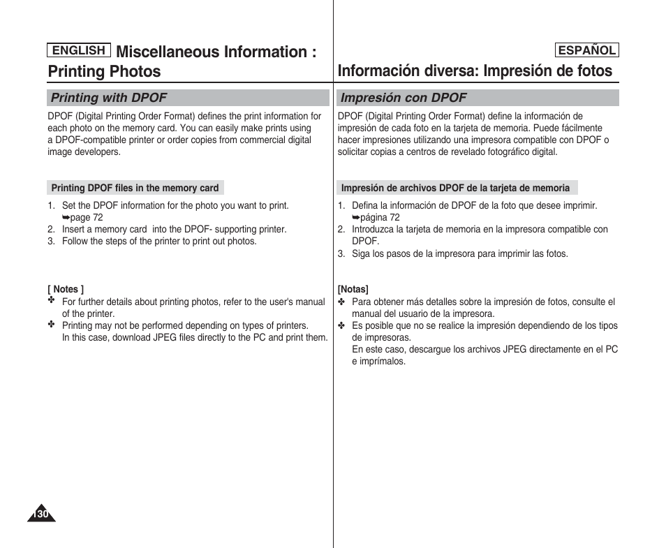 Miscellaneous information : printing photos, Información diversa: impresión de fotos | Samsung SC-X205L User Manual | Page 130 / 144