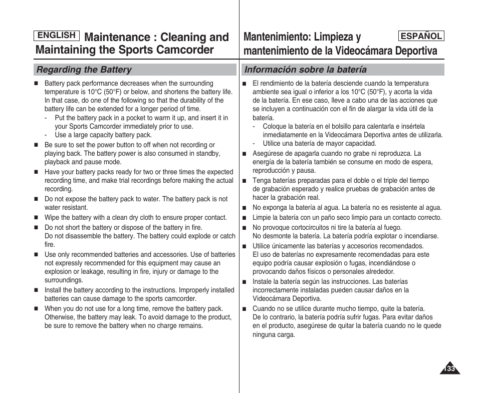 Regarding the battery, Información sobre la batería | Samsung SC-X205L User Manual | Page 133 / 144