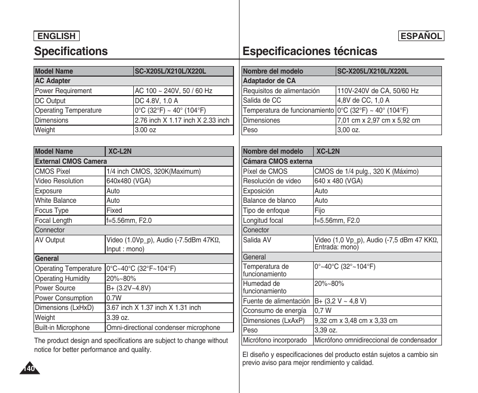 Specifications, Especificaciones técnicas | Samsung SC-X205L User Manual | Page 140 / 144