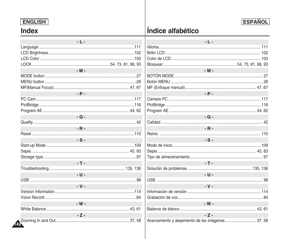 Index, Índice alfabético | Samsung SC-X205L User Manual | Page 142 / 144