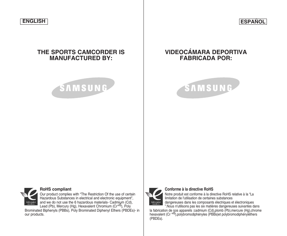 The sports camcorder is manufactured by, Videocámara deportiva fabricada por | Samsung SC-X205L User Manual | Page 144 / 144