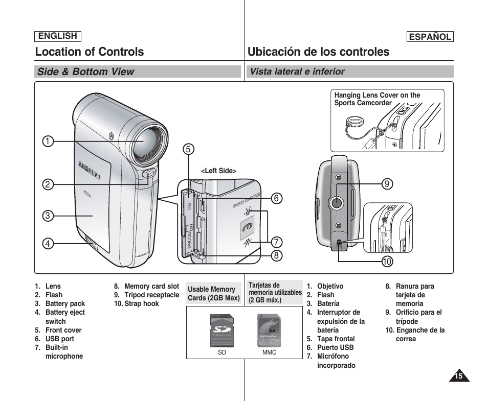 Location of controls, Ubicación de los controles, Side & bottom view | Samsung SC-X205L User Manual | Page 15 / 144