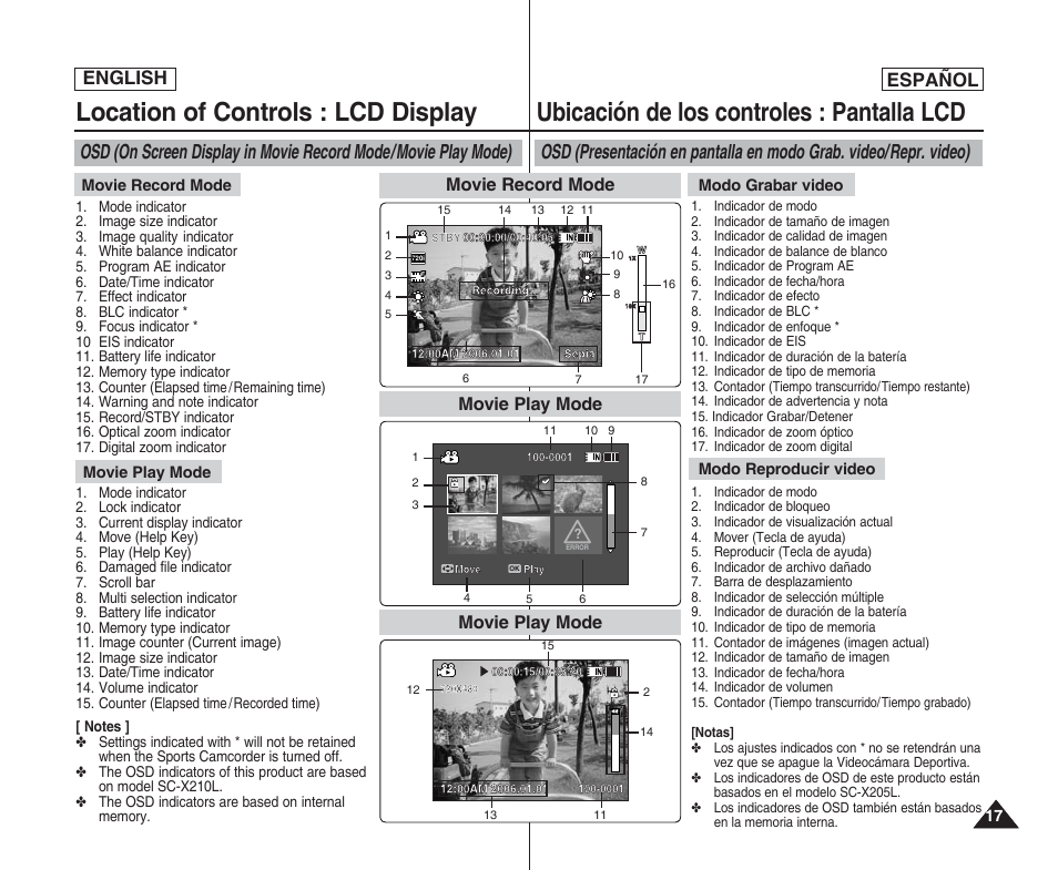 Location of controls : lcd display, Ubicación de los controles : pantalla lcd, English español | Movie play mode, Movie record mode | Samsung SC-X205L User Manual | Page 17 / 144