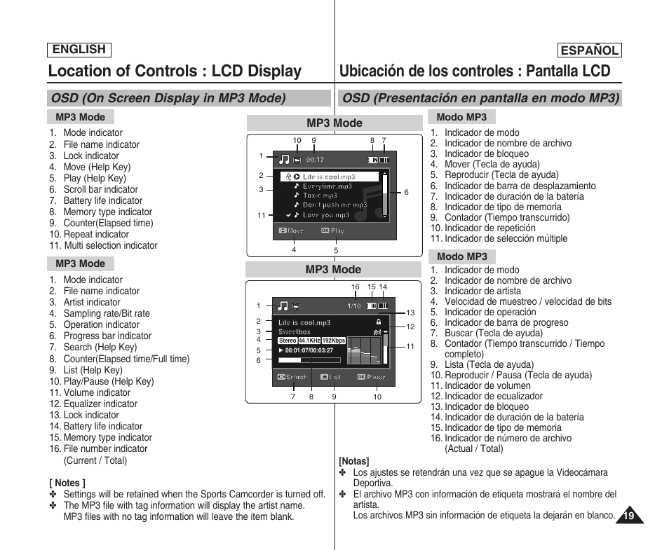 Location of controls : lcd display, Ubicación de los controles : pantalla lcd, Osd (on screen display in mp3 mode) | Osd (presentación en pantalla en modo mp3), English español | Samsung SC-X205L User Manual | Page 19 / 144