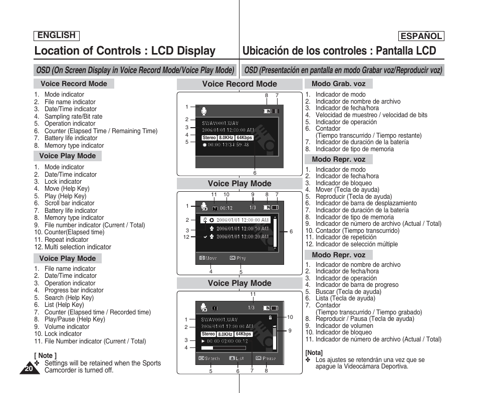 Location of controls : lcd display, Ubicación de los controles : pantalla lcd, English español | Voice record mode, Voice play mode | Samsung SC-X205L User Manual | Page 20 / 144