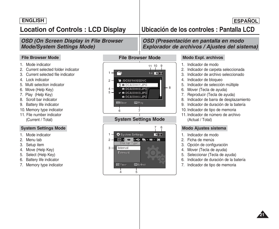 Location of controls : lcd display, Ubicación de los controles : pantalla lcd, English español | System settings mode, File browser mode | Samsung SC-X205L User Manual | Page 21 / 144