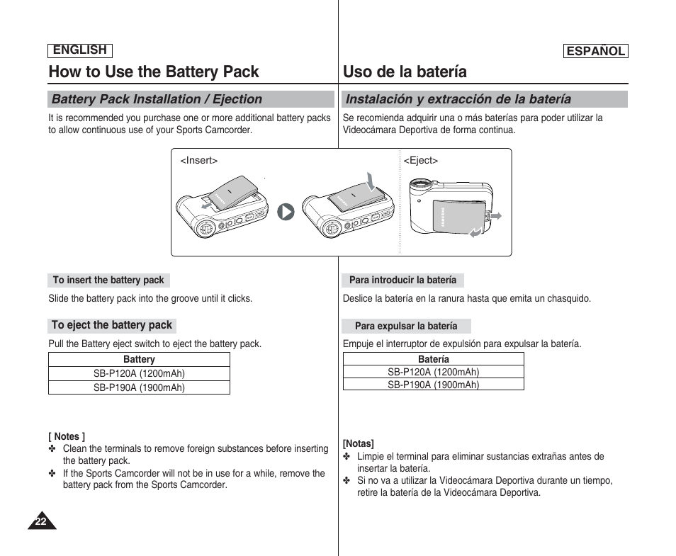 How to use the battery pack, Uso de la batería | Samsung SC-X205L User Manual | Page 22 / 144