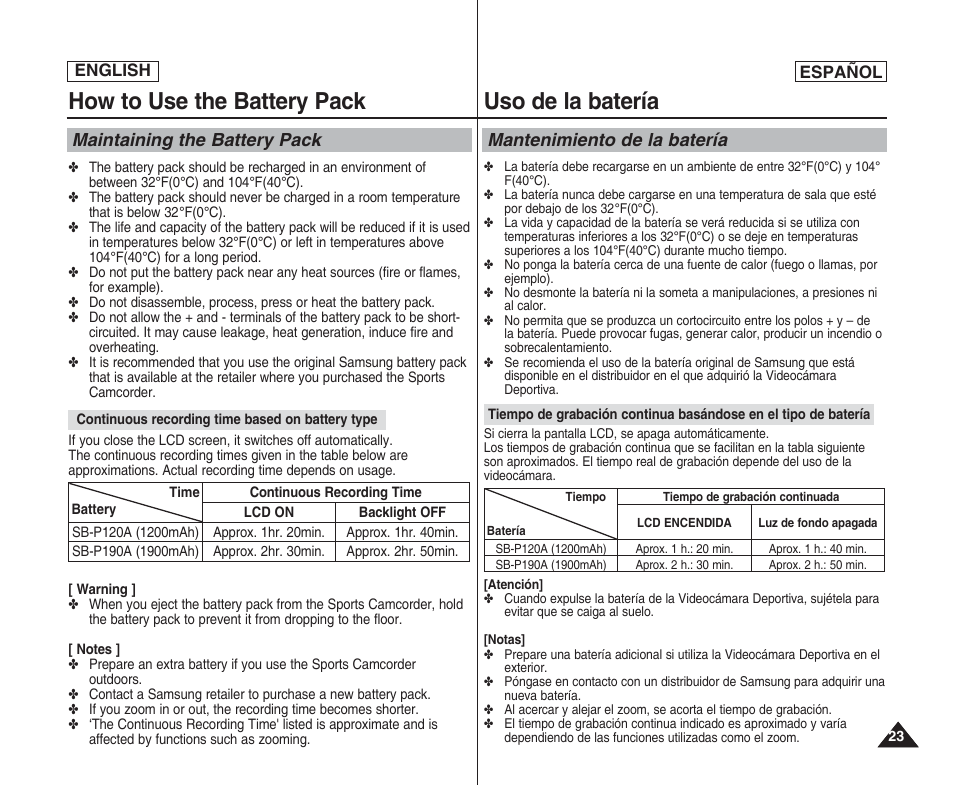 How to use the battery pack, Uso de la batería, Maintaining the battery pack | Mantenimiento de la batería | Samsung SC-X205L User Manual | Page 23 / 144