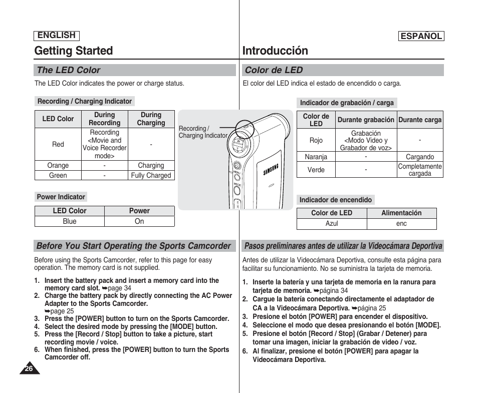 Getting started, Introducción, The led color | Before you start operating the sports camcorder, Color de led | Samsung SC-X205L User Manual | Page 26 / 144