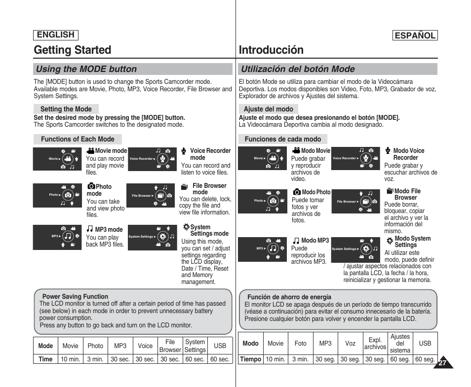 Getting started, Introducción, Using the mode button | Utilización del botón mode, English español | Samsung SC-X205L User Manual | Page 27 / 144