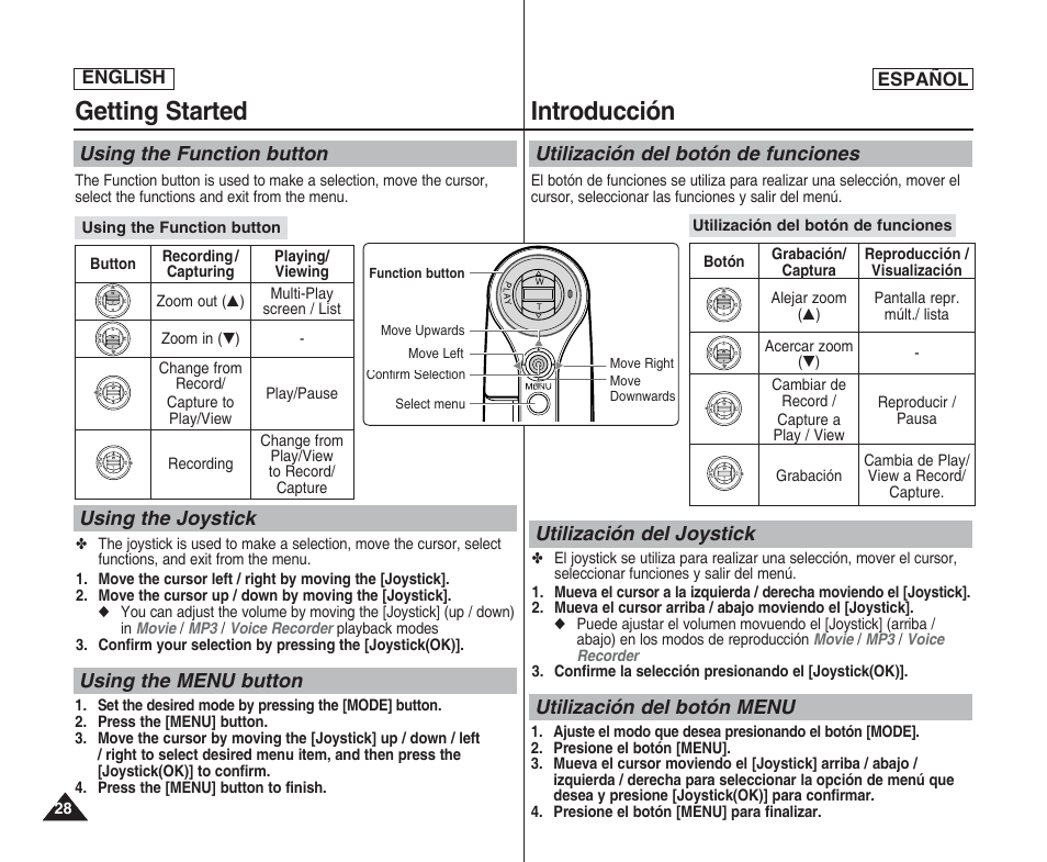 Getting started, Introducción, Using the menu button | Using the joystick using the function button, Utilización del botón menu | Samsung SC-X205L User Manual | Page 28 / 144