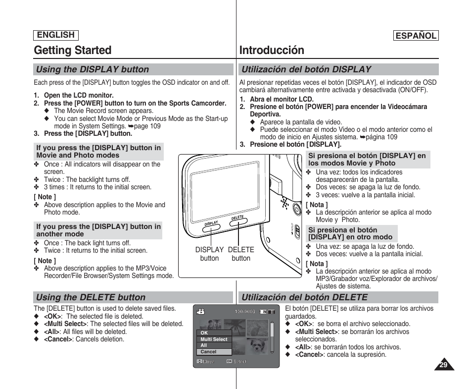 Getting started, Introducción, Using the display button using the delete button | Samsung SC-X205L User Manual | Page 29 / 144