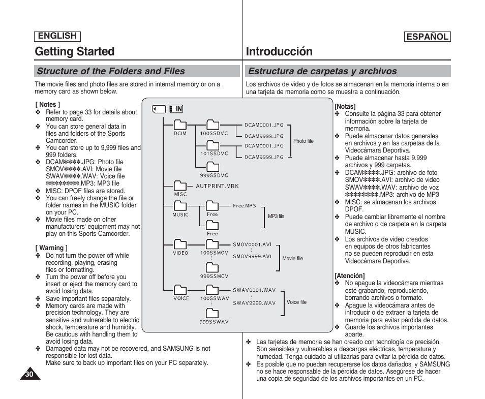 Getting started, Introducción, Structure of the folders and files | Estructura de carpetas y archivos, English español | Samsung SC-X205L User Manual | Page 30 / 144